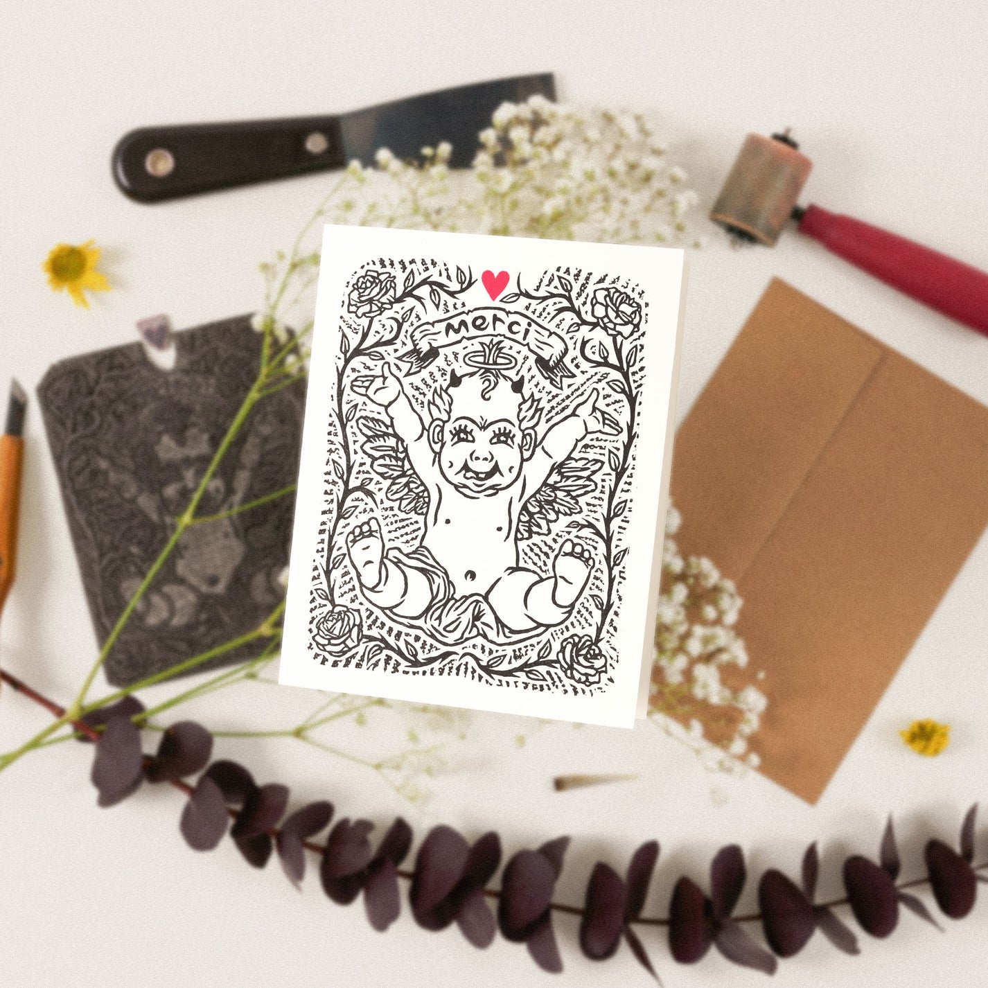 &quot;Merci&quot; Linocut Greeting Card (Copy)